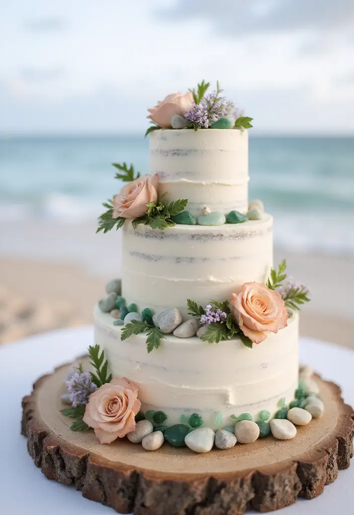 27 Beach Wedding Ideas That Feel Breezy and Beautiful - 22. Natural Beach Cake Toppers