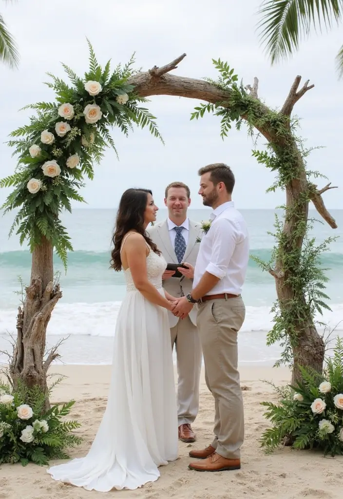 27 Beach Wedding Ideas That Feel Breezy and Beautiful - 23. Beachy Greenery Backdrop