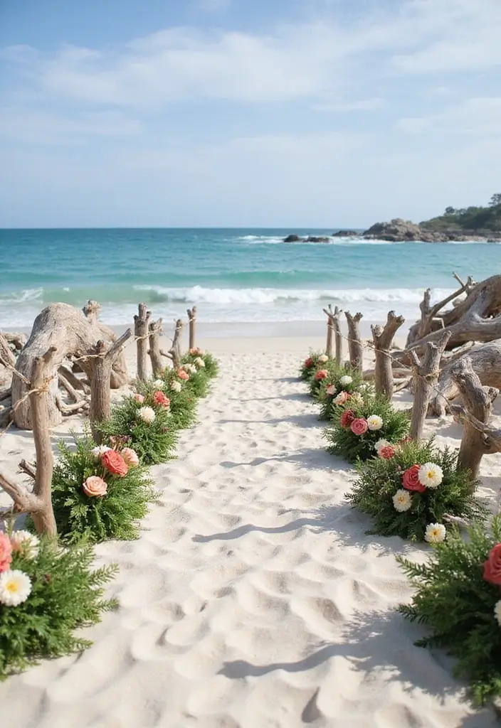 27 Beach Wedding Ideas That Feel Breezy and Beautiful - 8. Driftwood Aisle Decor