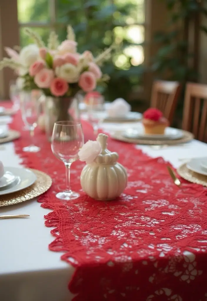 27 Red Bridal Shower Ideas That Radiate Passion - 15. Vintage Red Lace Table Runners