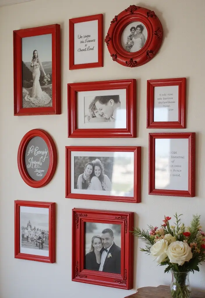 27 Red Bridal Shower Ideas That Radiate Passion - 21. Vintage Red Frames for Photos