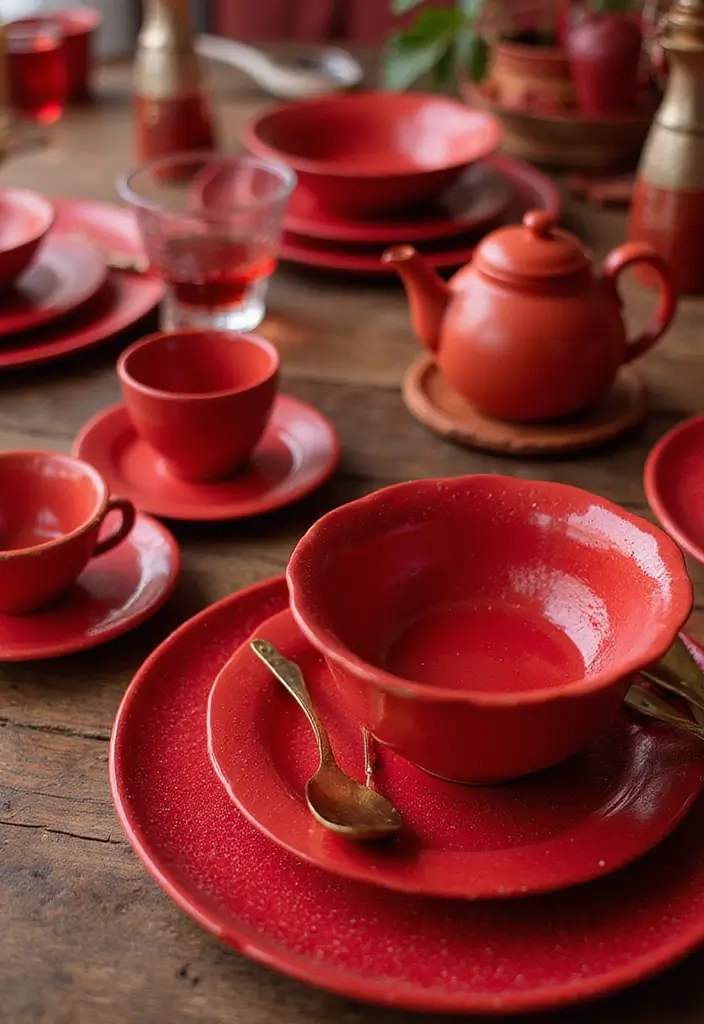 27 Red Bridal Shower Ideas That Radiate Passion - 23. Red-Accented Tableware