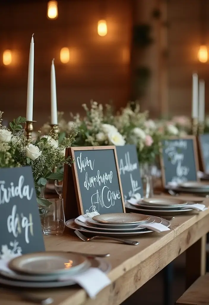 28 Rustic Wedding Table Decor Ideas That Feel Cozy - 13. Chalkboard Signs