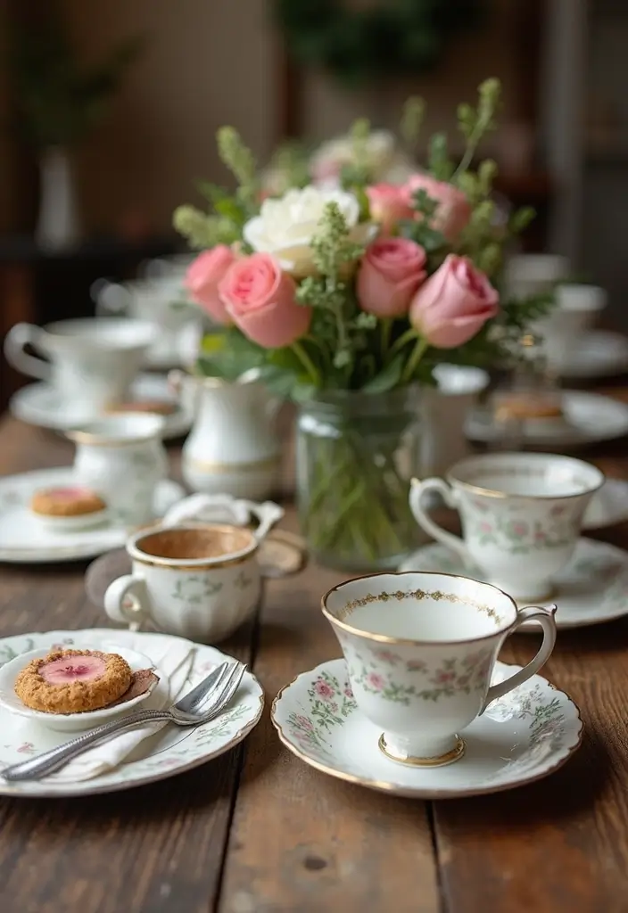 28 Rustic Wedding Table Decor Ideas That Feel Cozy - 2. Vintage Tea Sets