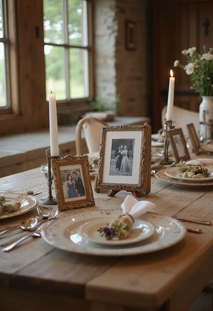 28 Rustic Wedding Table Decor Ideas That Feel Cozy - 26. Personal Photo Displays