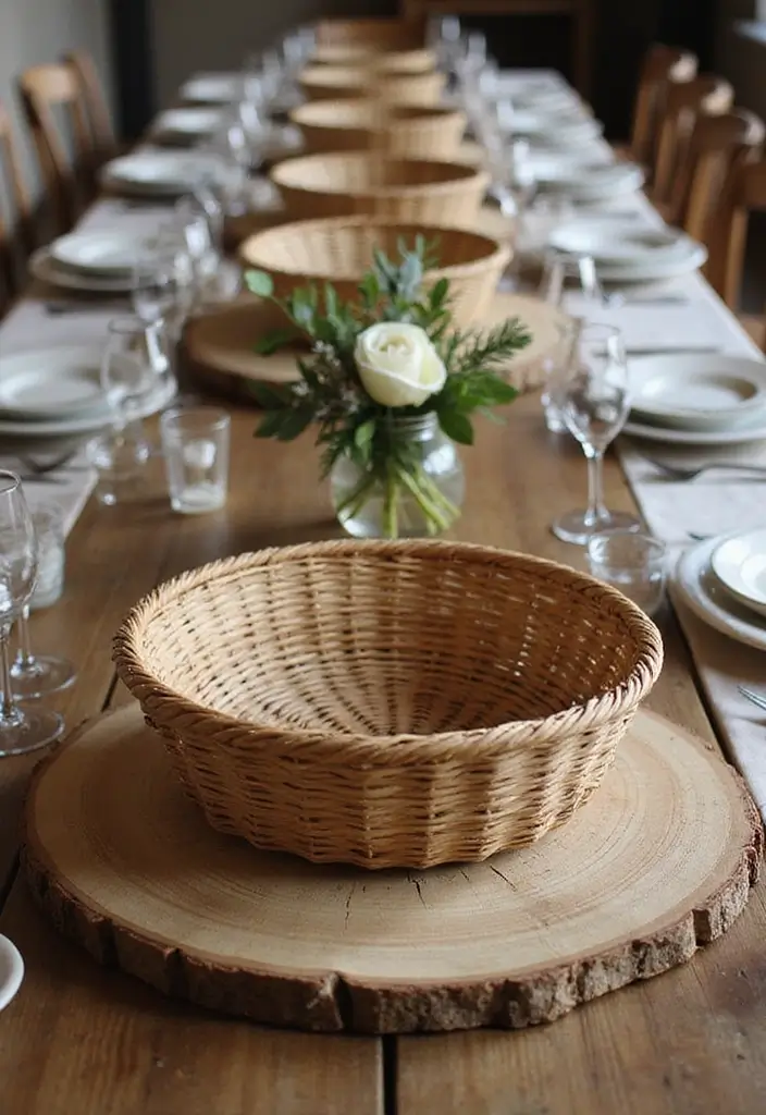 28 Rustic Wedding Table Decor Ideas That Feel Cozy - 27. Decorative Baskets