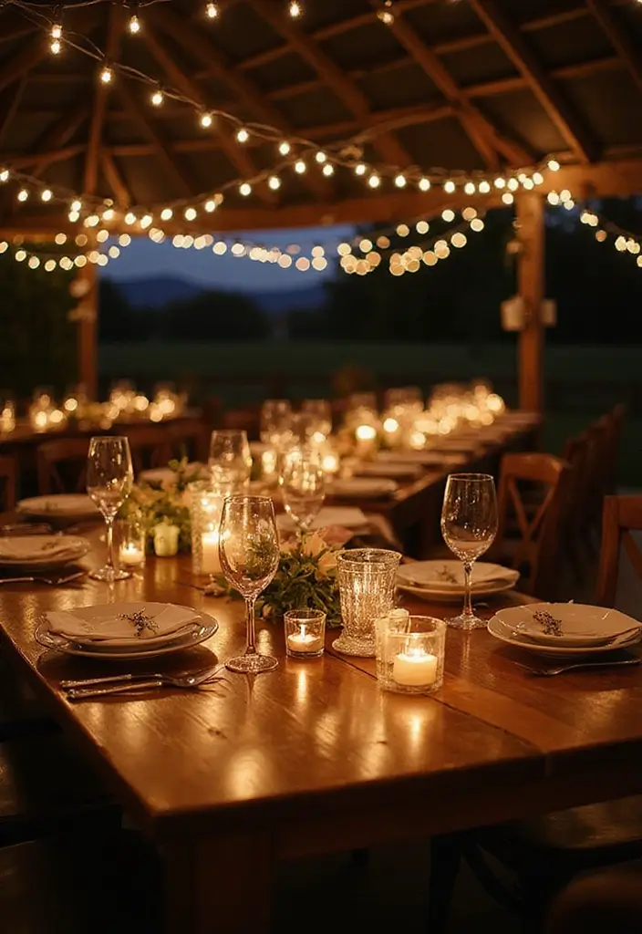 28 Rustic Wedding Table Decor Ideas That Feel Cozy - 4. Twinkling String Lights
