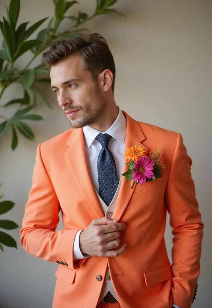 29 Boutineer Ideas That Elevate The Groom's Look - 13. Bright and Bold Color Pops