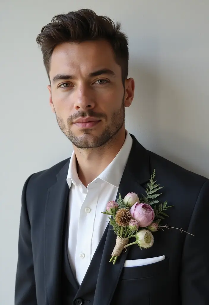 29 Boutineer Ideas That Elevate The Groom's Look - 14. Textured Floral Accents