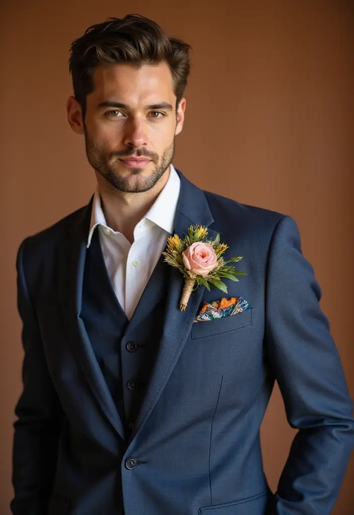 29 Boutineer Ideas That Elevate The Groom's Look - 17. Colored Foliage
