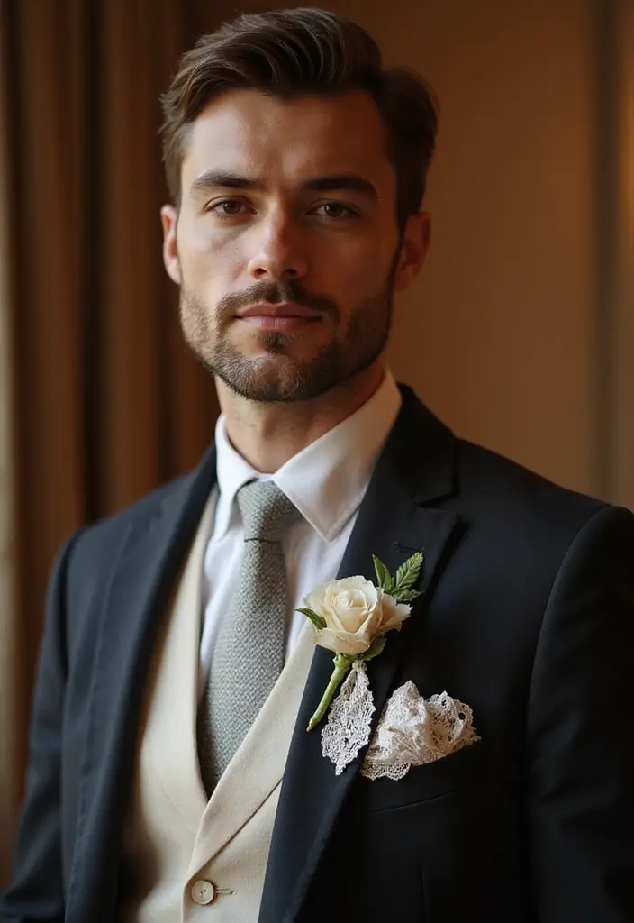 29 Boutineer Ideas That Elevate The Groom's Look - 18. A Touch of Lace