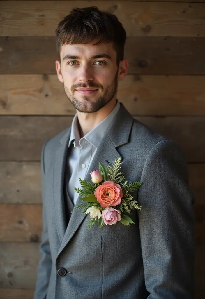 29 Boutineer Ideas That Elevate The Groom's Look - 20. Upcycled Floral Designs
