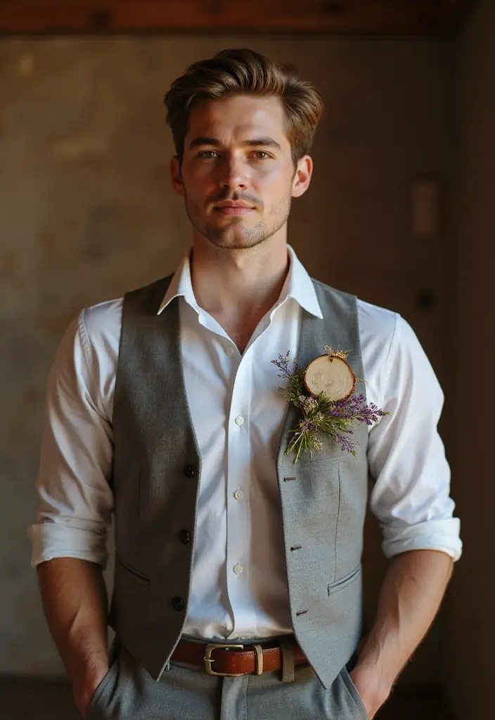 29 Boutineer Ideas That Elevate The Groom's Look - 25. Wooden Accents