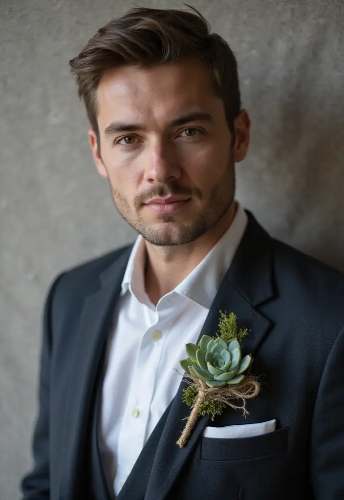 29 Boutineer Ideas That Elevate The Groom's Look - 4. Succulent Sensation