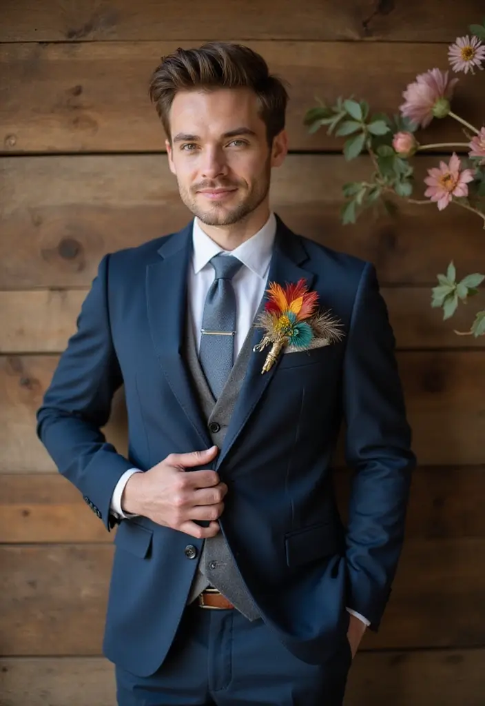 29 Boutineer Ideas That Elevate The Groom's Look - 6. Feathery Accents