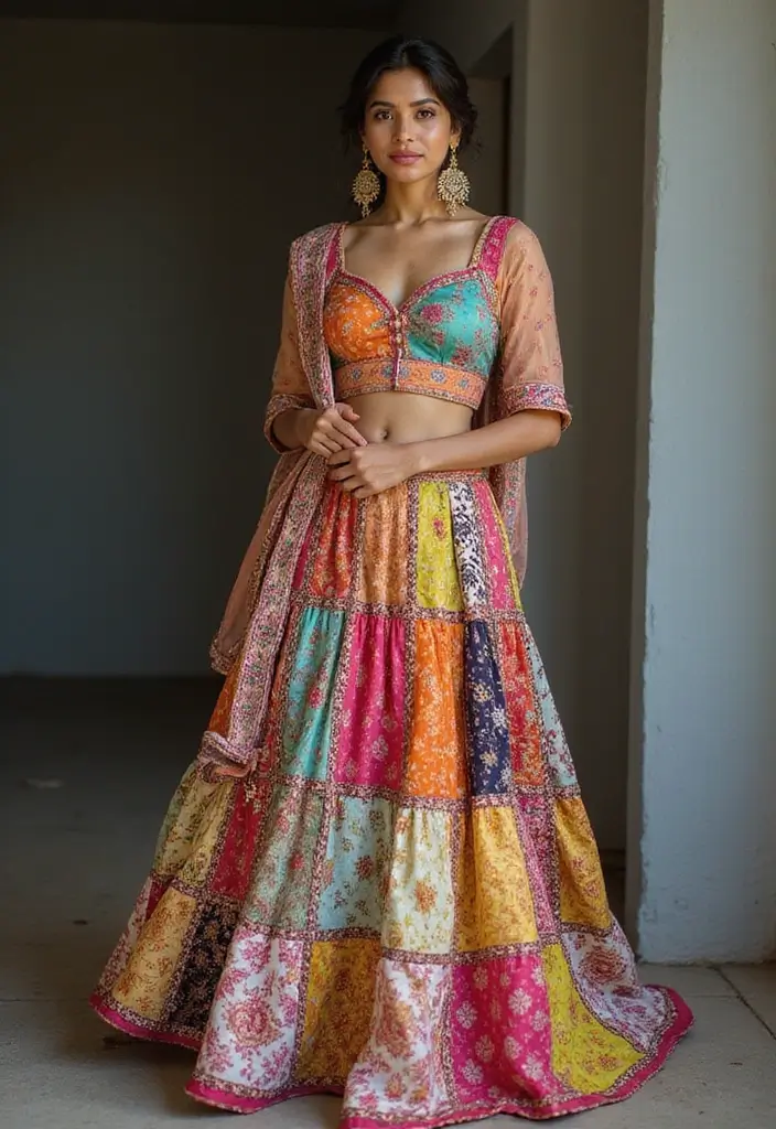 29 Engagement Outfit Ideas Indian Brides Will Love - 14. Patchwork Lehenga