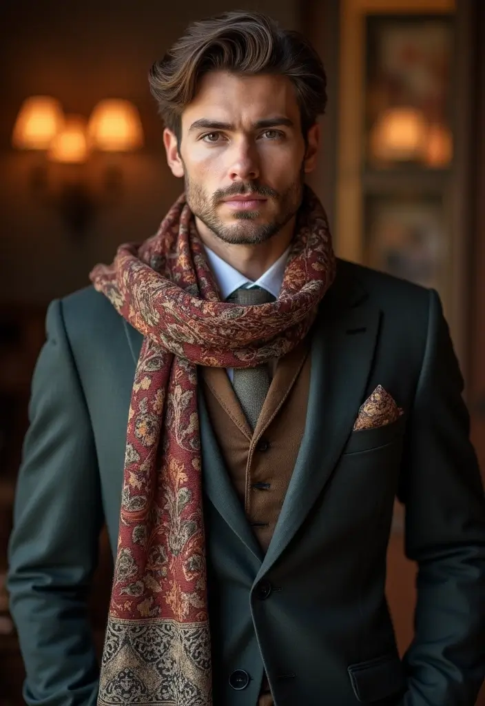 29 Grooms Outfit Ideas That Look Sharp and Stylish - 25. Vintage Scarf as an Accessory