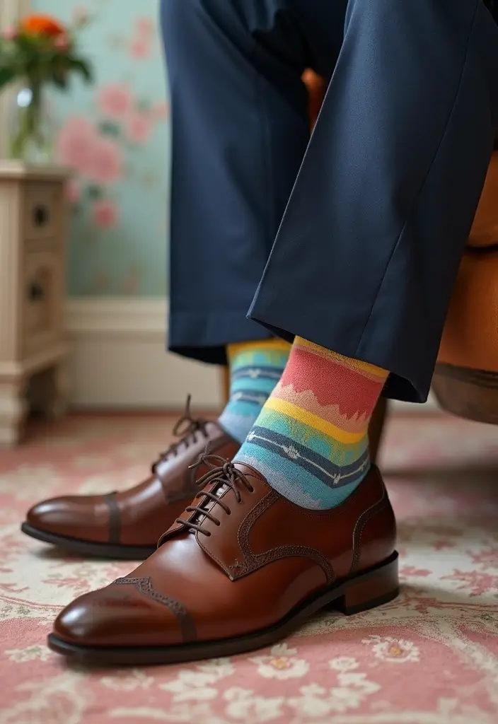 29 Grooms Outfit Ideas That Look Sharp and Stylish - 5. Colorful Socks for a Fun Pop
