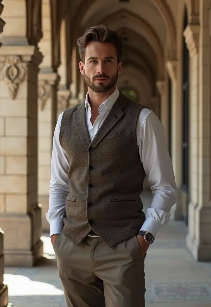 29 Grooms Outfit Ideas That Look Sharp and Stylish - 7. Tailored Trousers with a Vest