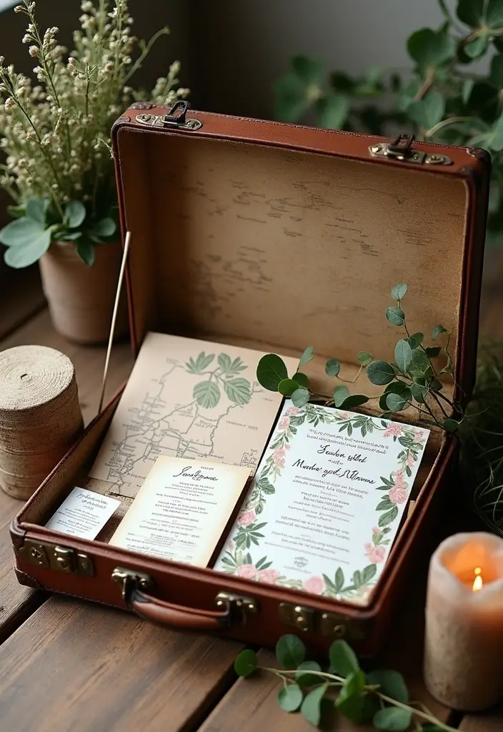 29 Invitation Box Ideas That Wow Recipients - 10. Vintage Suitcase Display