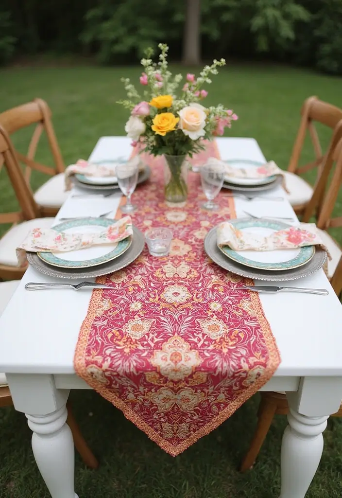 29 Mehndi Decoration Ideas Outdoor That Glow With Color - 10. Vibrant Henna-Inspired Table Runners