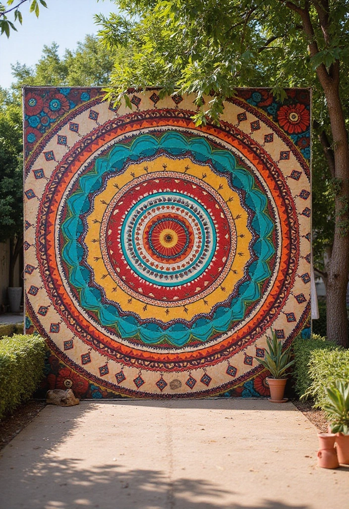 29 Mehndi Decoration Ideas Outdoor That Glow With Color - 28. Artistic Mural Backdrops