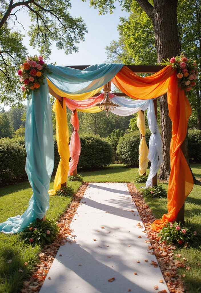 29 Wedding Arbor Ideas That Frame the Moment - 6. Colorful Fabric Drape Arbor