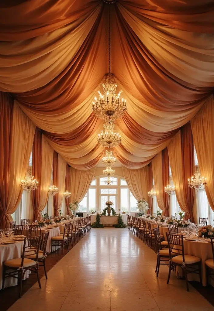 29 Wedding Drapery Ideas That Transform Any Venue - 27. Ceiling Canopy with Chandeliers