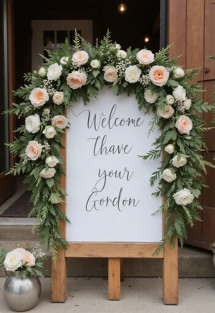 29 Welcome Bride Decoration Ideas That Say Wow - 7. Welcome Sign with Floral Garland