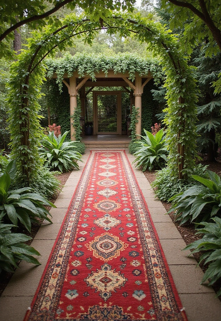 27 Bridal Entry Ideas Indian Style That Wow Guests - 13. Vibrant Rug and Foliage Aisle