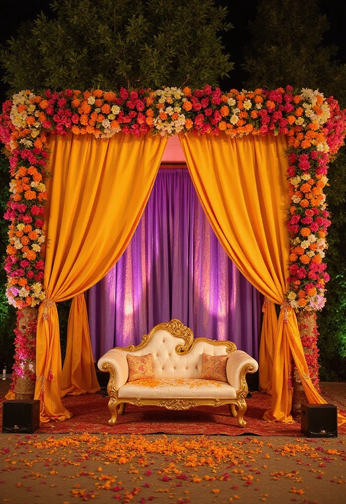 27 Seemantham Decoration Ideas That Honor Tradition - 1. Floral Mandap with Traditional Drapes
