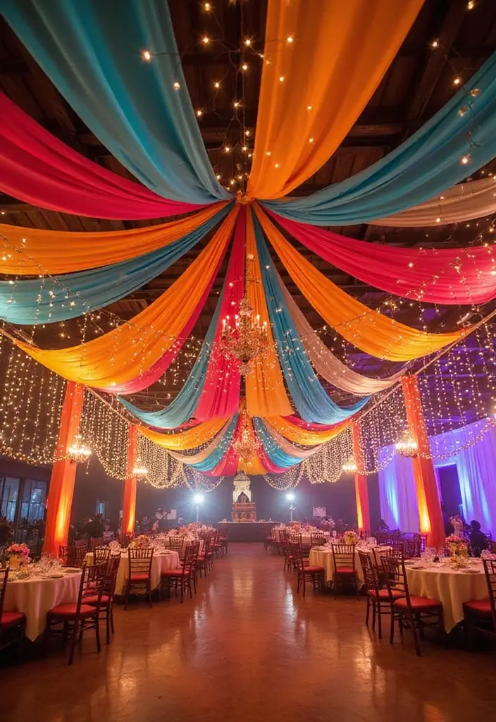 27 Seemantham Decoration Ideas That Honor Tradition - 11. Colorful Ceiling Decor with Drapes