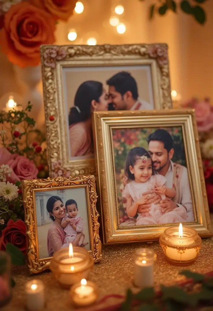 27 Seemantham Decoration Ideas That Honor Tradition - 15. Personalized Photo Frames as Decor