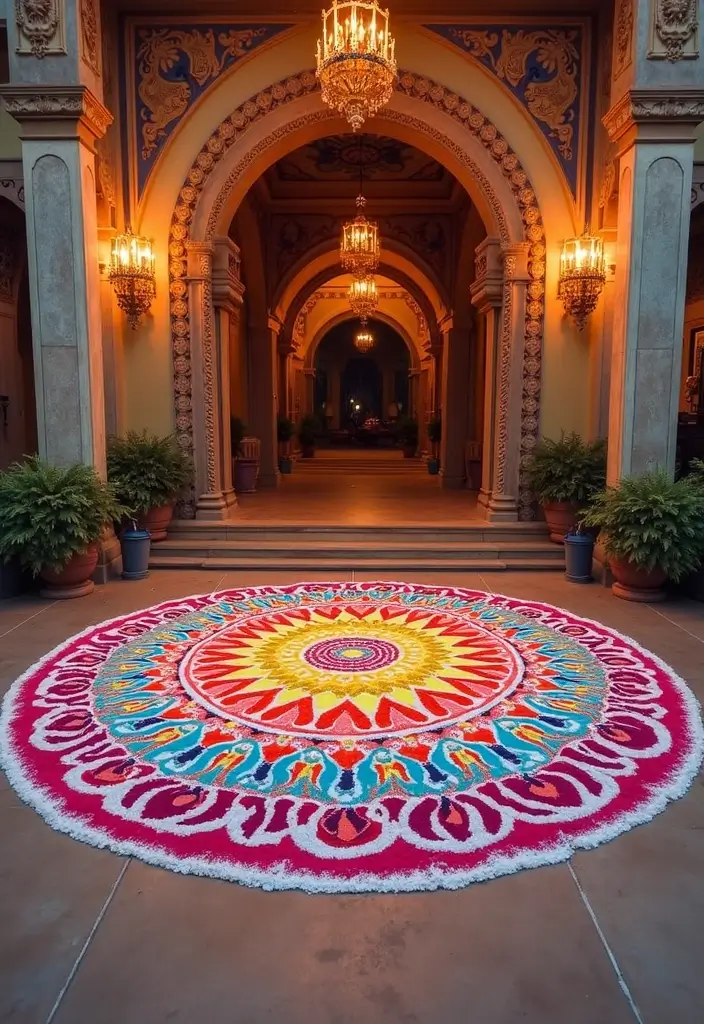27 Seemantham Decoration Ideas That Honor Tradition - 3. Rangoli Designs at the Entrance