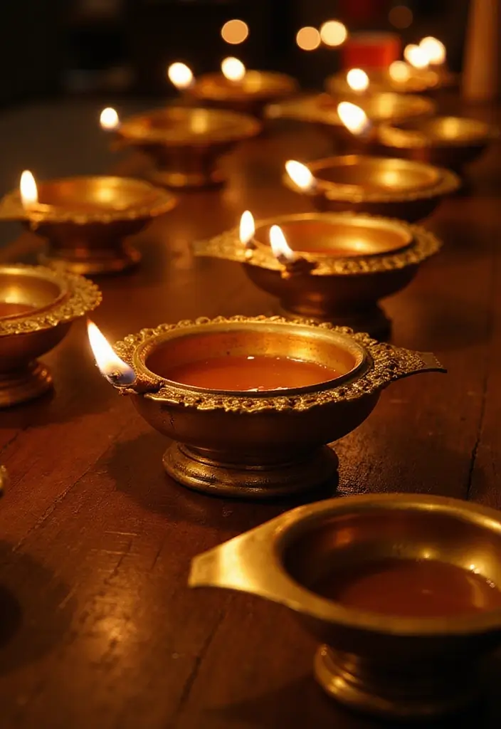 27 Seemantham Decoration Ideas That Honor Tradition - 4. Traditional Kuthu Vilakku Lighting