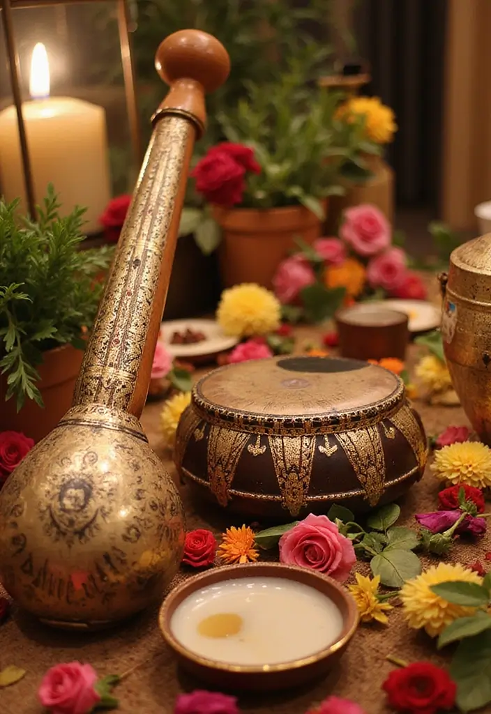 27 Seemantham Decoration Ideas That Honor Tradition - 6. Traditional Musical Instruments as Decor