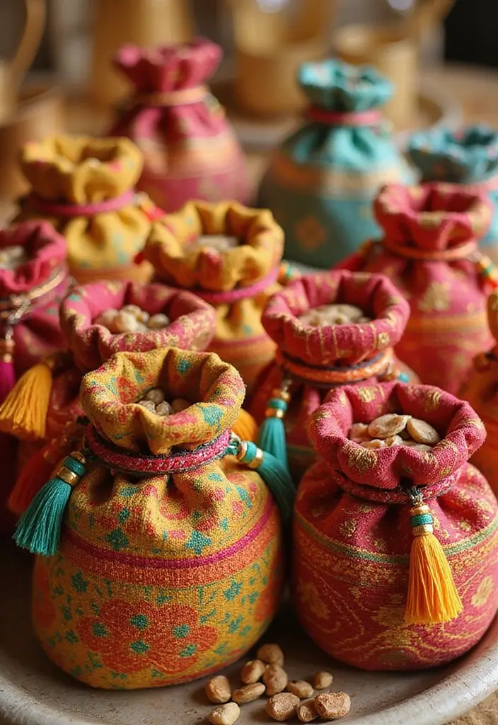 27 Seemantham Decoration Ideas That Honor Tradition - 7. Handmade Potli Bags for Guests