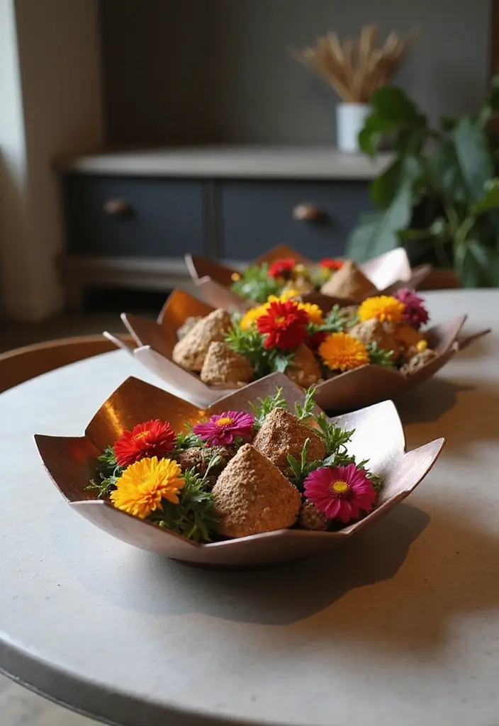 29 Mehndi Platter Ideas That Look Beautiful In Pictures - 6. Geometric Glam: Recycled Metal Platters