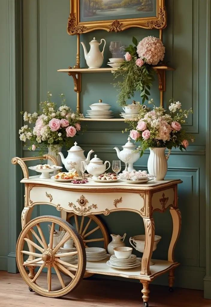 29 Vintage Bridal Shower Ideas With Retro Charm - 28. Classic Tea Cart Setup