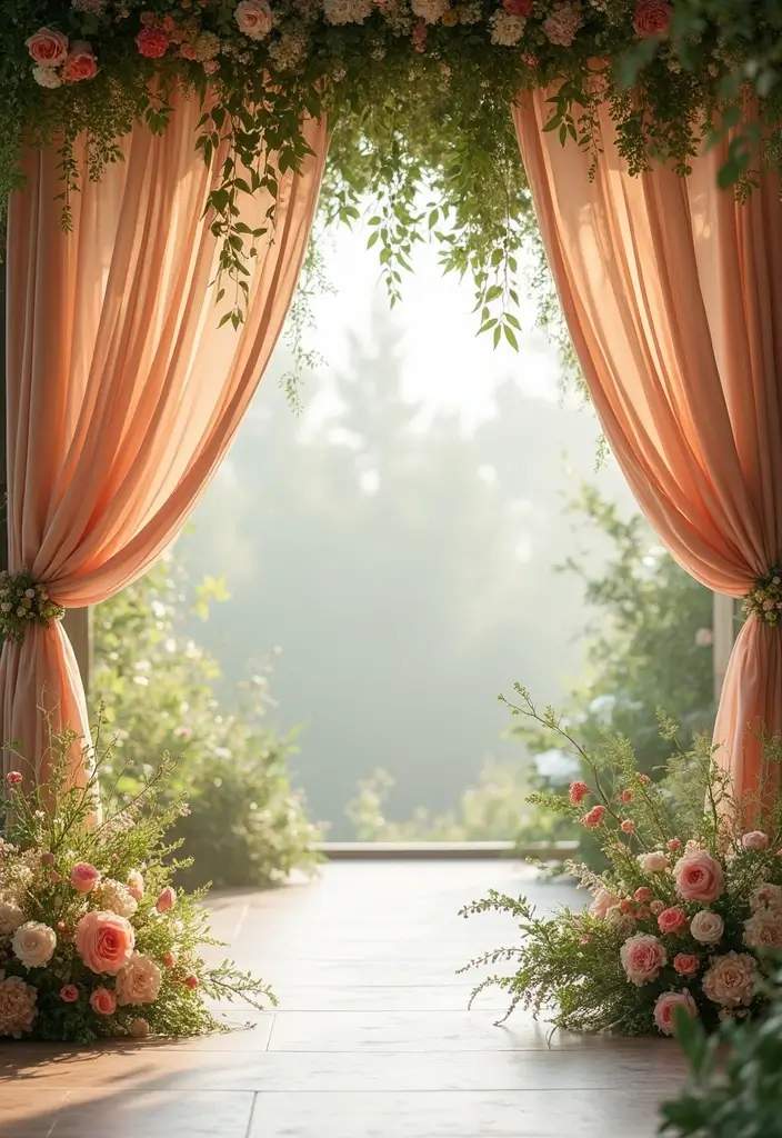 29 Wedding Drapery Ideas That Transform Any Venue - 23. Drapery with Floral Accents