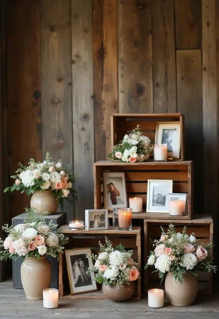 29 Wedding Photo Display Ideas That Tell Your Love Story - 12. Wooden Crate Photo Display