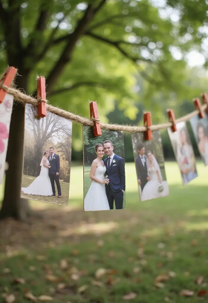 29 Wedding Photo Display Ideas That Tell Your Love Story - 15. Rustic Photo Bunting