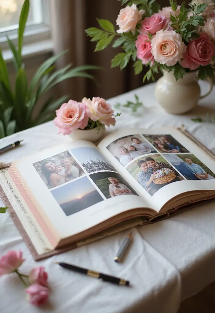 29 Wedding Photo Display Ideas That Tell Your Love Story - 18. Scrapbook Photo Table