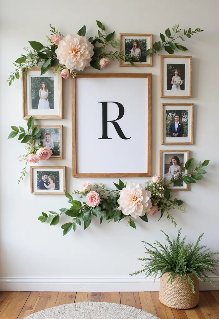 29 Wedding Photo Display Ideas That Tell Your Love Story - 19. Monogrammed Photo Wall