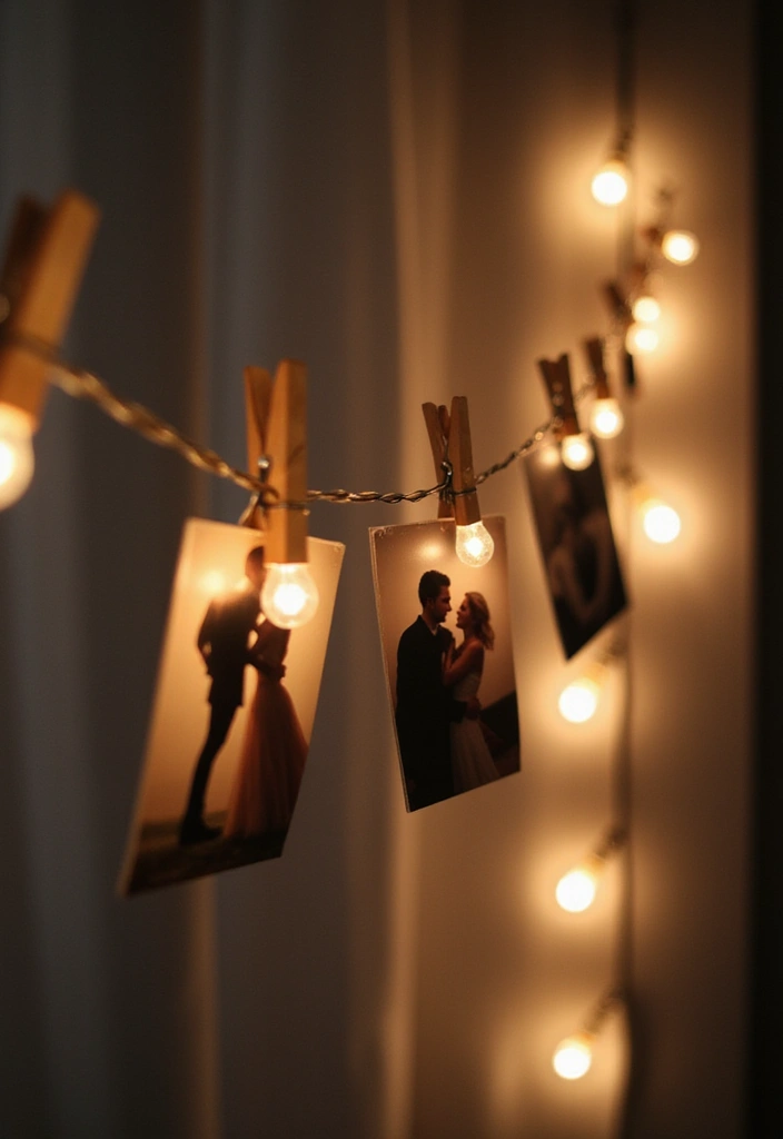 29 Wedding Photo Display Ideas That Tell Your Love Story - 2. String Lights Photo Line