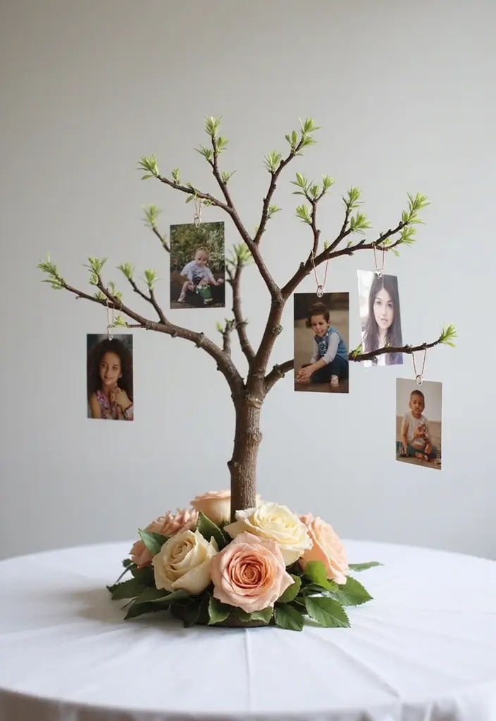 29 Wedding Photo Display Ideas That Tell Your Love Story - 20. Photo Tree Centerpiece