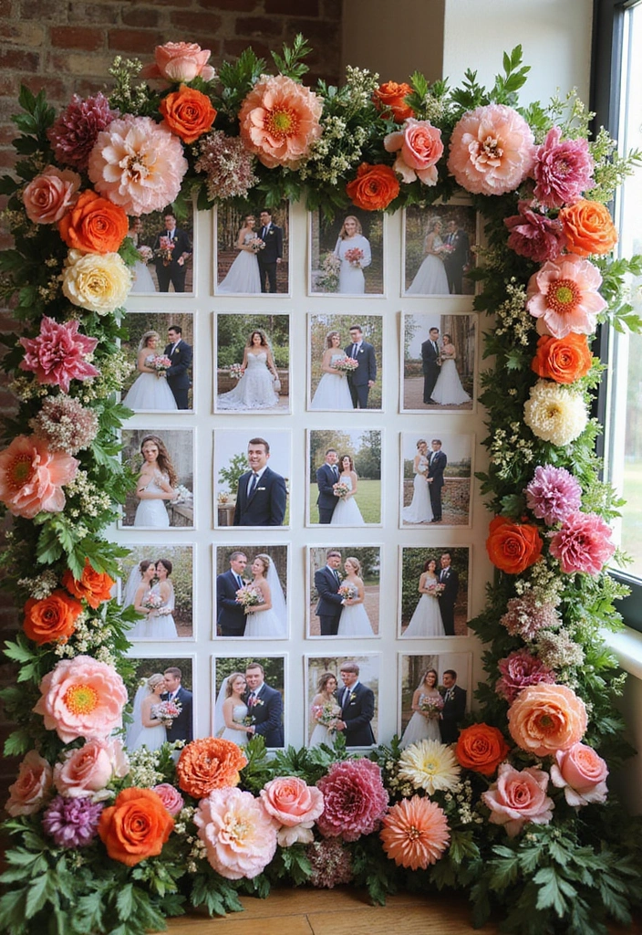 29 Wedding Photo Display Ideas That Tell Your Love Story - 28. Floral Photo Wall