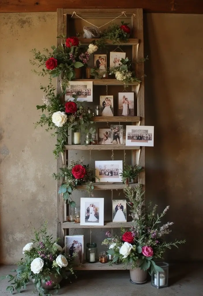 29 Wedding Photo Display Ideas That Tell Your Love Story - 3. Antique Ladder Display