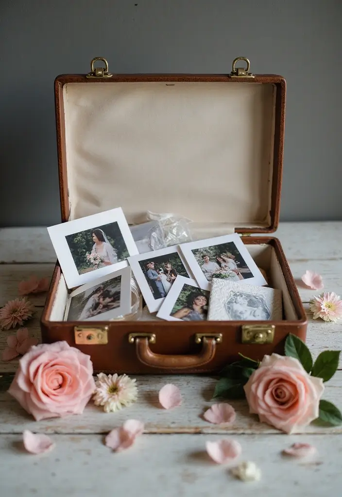 29 Wedding Photo Display Ideas That Tell Your Love Story - 4. Vintage Suitcase Display