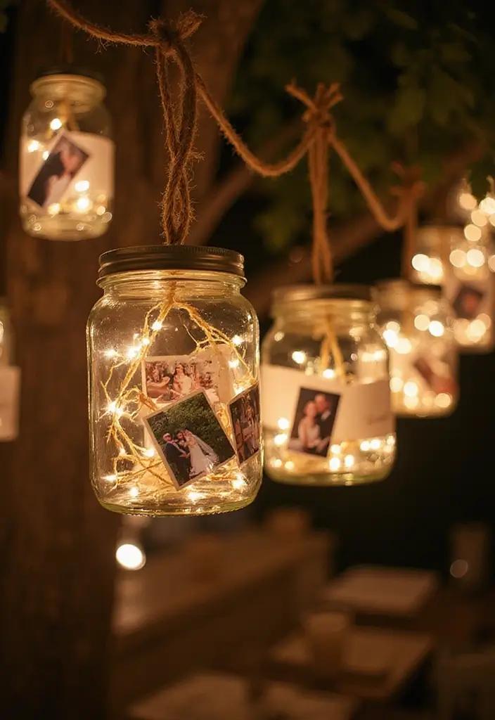 29 Wedding Photo Display Ideas That Tell Your Love Story - 8. Glass Jar Lanterns